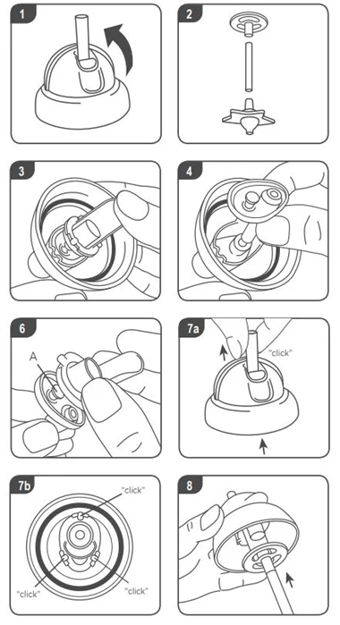 Diagram showing how to dissemble insulated straw cup steps 1 through to 8 which are listed above
