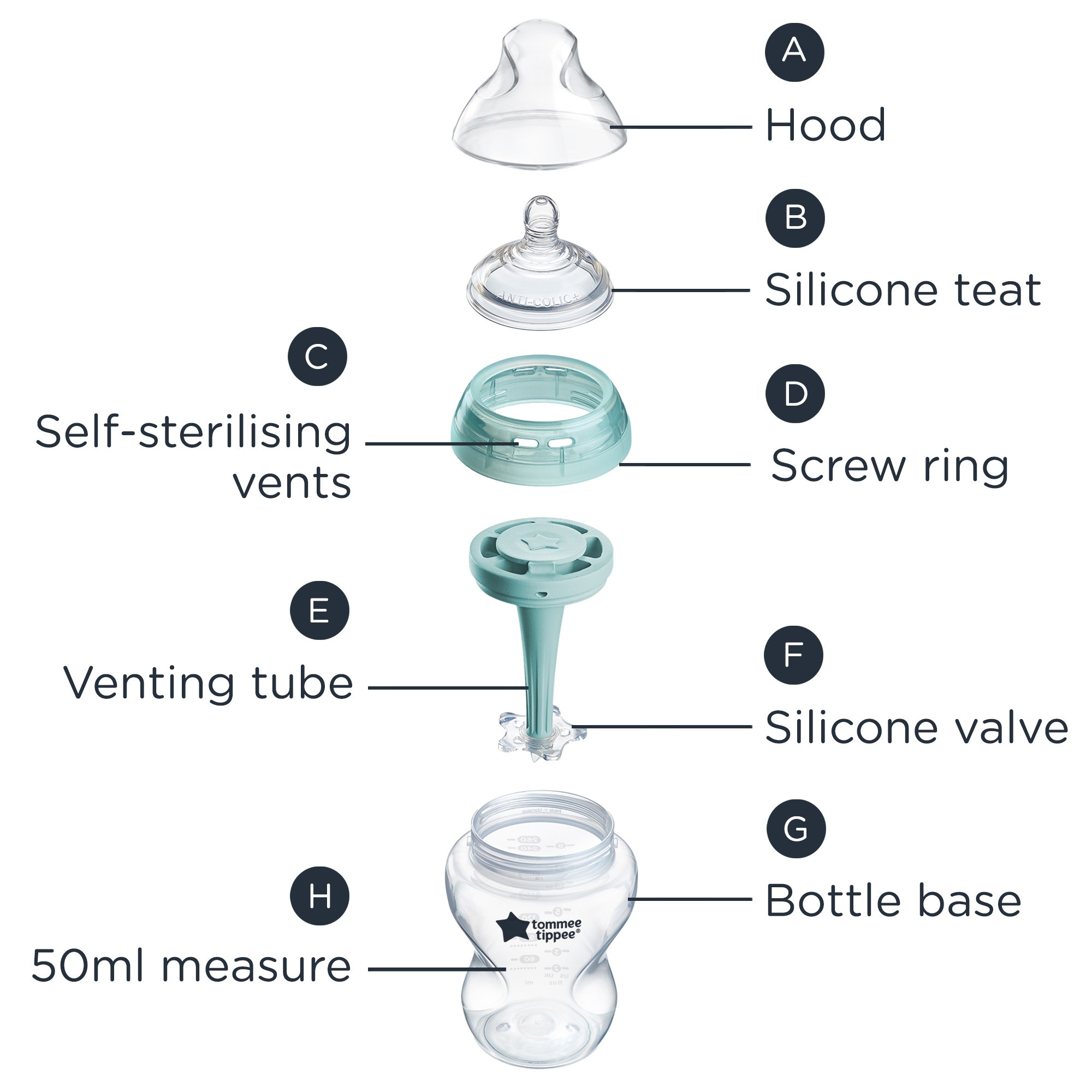Exploded Diagram of Adnavced anti-colic bottle parts labeled A-G