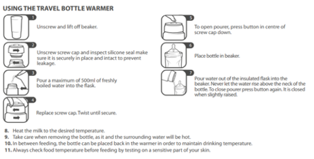 Stepsd 1 - 11 how to use Travel bottle and food warmer with steps